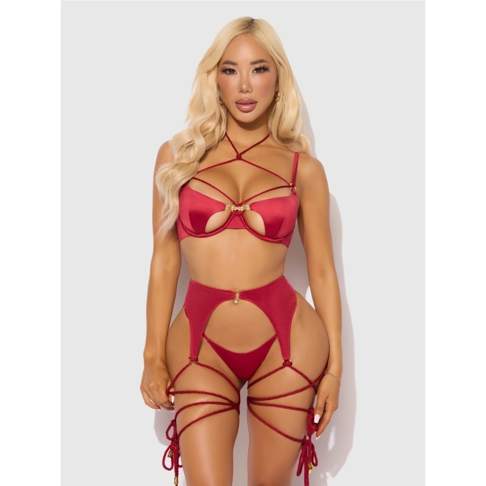House of Desire Iryna Silky Micro & Rope Bra Set Crimson Red S NWT Sexy Lingerie